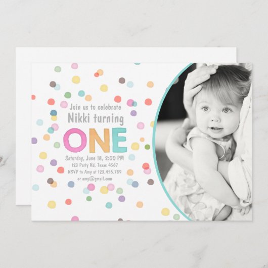 最初誕生日の招待の女の子の水彩画の紙吹雪 招待状 (正面/裏面)