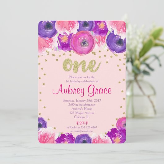 最初誕生日の招待の女の子、ピンクの紫色の金ゴールド 招待状 (スタンド正面)