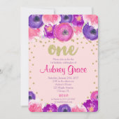 最初誕生日の招待の女の子、ピンクの紫色の金ゴールド 招待状 (正面)