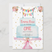 最初誕生日の水彩画のケーキ 招待状 (正面)