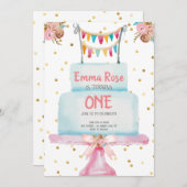 最初誕生日の水彩画のケーキ 招待状 (正面/裏面)