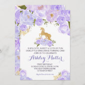 最初誕生日の紫色の水彩画のユニコーンの招待 招待状 (正面/裏面)