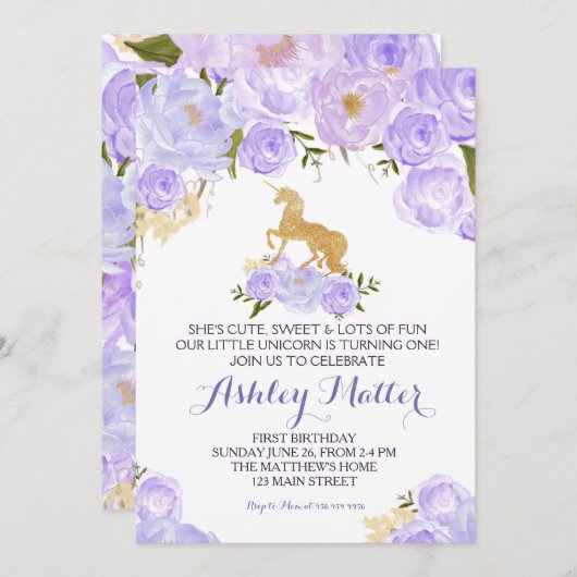 最初誕生日の紫色の水彩画のユニコーンの招待 招待状 (正面/裏面)