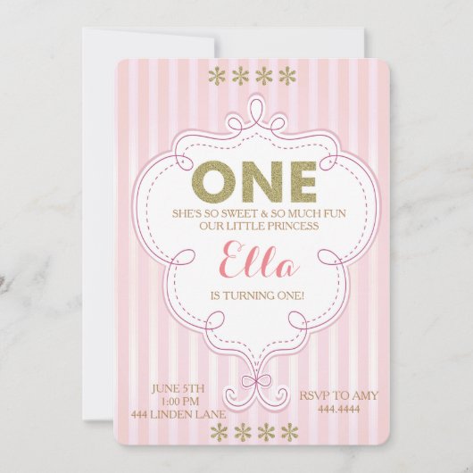 最初誕生日の金ゴールドおよびピンクの誕生日の招待状 招待状 (正面)