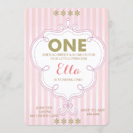 最初誕生日の金ゴールドおよびピンクの誕生日の招待状 招待状