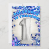 最初誕生日の銀および青い年齢1の男の子のパーティー 招待状 (正面)