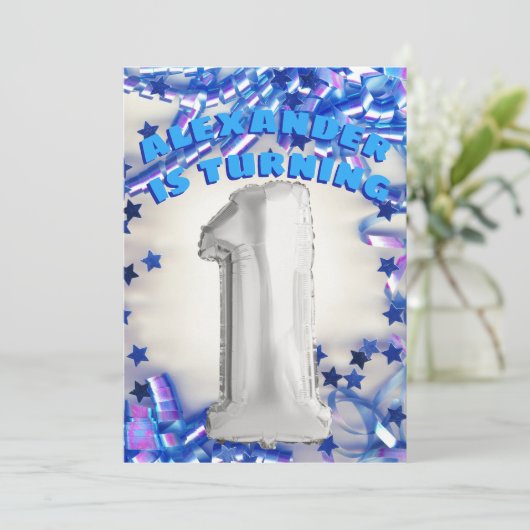 最初誕生日の銀および青い年齢1の男の子のパーティー 招待状 (スタンド正面)