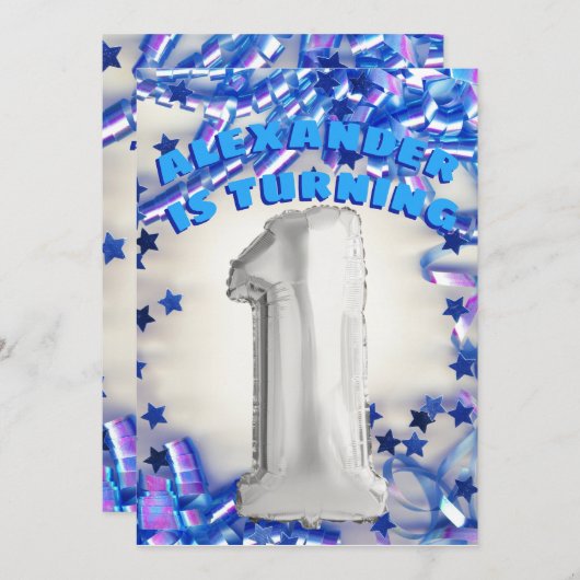 最初誕生日の銀および青い年齢1の男の子のパーティー 招待状 (正面/裏面)