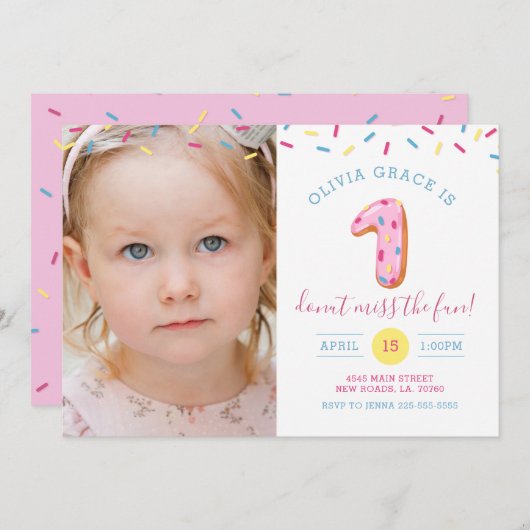 最初誕生日ドーナツ写真カード招待状 招待状 (正面/裏面)