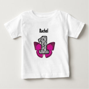 最初誕生日1歳のシマウマおよび蝶V01 ベビーTシャツ
