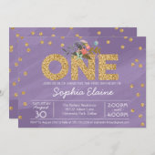 最初誕生日、金ゴールドのグリッターの紙吹雪および紫色 招待状 (正面/裏面)