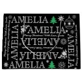 最大6文字まで名前を追加する黒と白のクリスマス ラージペーパーバッグ (正面)