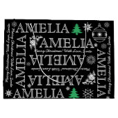 最大6文字まで名前を追加する黒と白のクリスマス ラージペーパーバッグ (裏面)