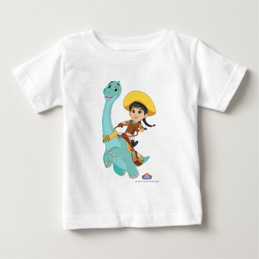 最小およびクローバー | ハッピー女性のカーボーイ&ブロントサウルスライド ベビーTシャツ (正面)