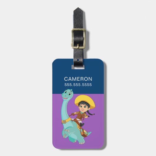 最小およびクローバー | ハッピー女性のカーボーイ&ブロントサウルスライド ラゲッジタグ (正面縦)