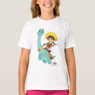 最小およびクローバー ハッピー女性のカーボーイ&ブロントサウルスライド Tシャツ