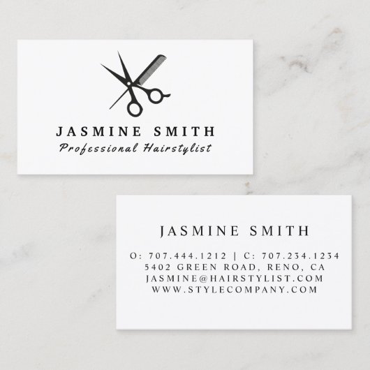 最小主義のはさみおよび櫛のロゴの美容師 名刺 (正面/裏面)