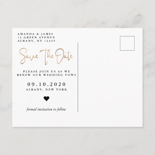 最小主義のエレガントな誓約の更新の保存日付 案内ポストカード (裏面)