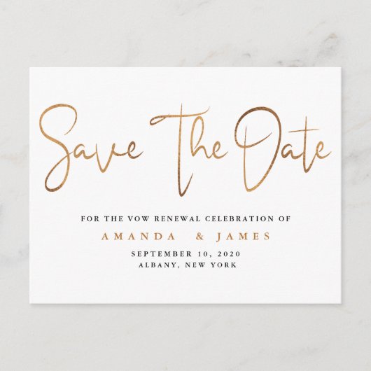 最小主義のエレガントな誓約の更新の保存日付 案内ポストカード (正面)