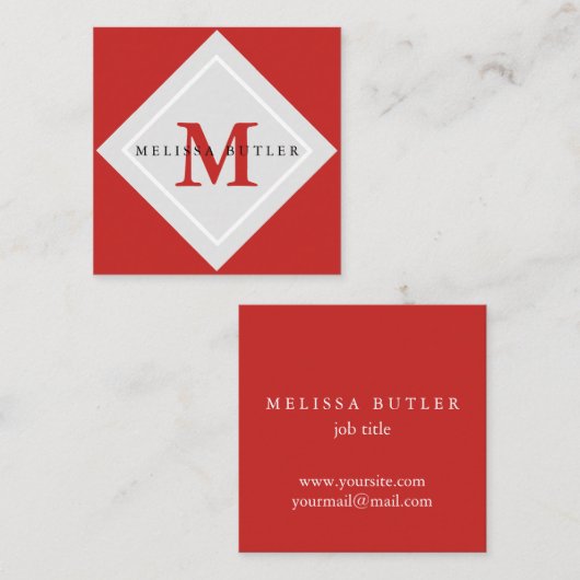 最小主義のシックな灰色および赤くモダンなモノグラム スクエア名刺 (正面/裏面)