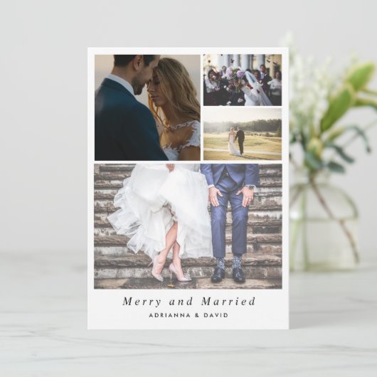 最小主義のメリーで、結婚したなカップルの写真の結婚式 シーズンカード (スタンド正面)