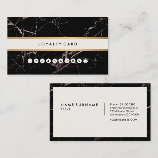 最小主義のモダンで黒い大理石の金ゴールドのストライプのロイヤリティ 名刺 (正面/裏面)