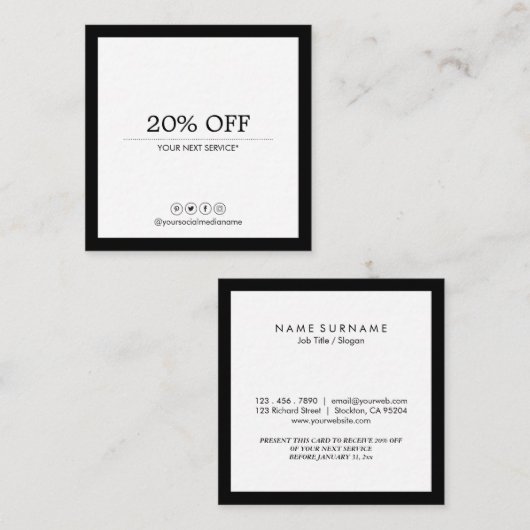 最小主義のモダンな社会的な媒体豪華なB&Wの割引 スクエア名刺 (正面/裏面)