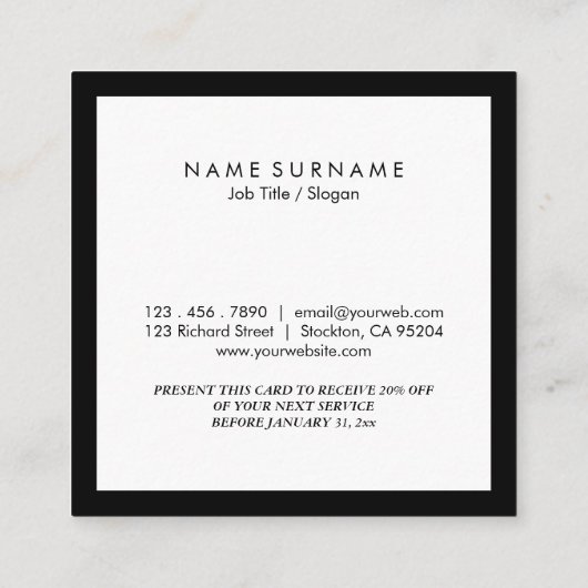 最小主義のモダンな社会的な媒体豪華なB&Wの割引 スクエア名刺 (裏面)