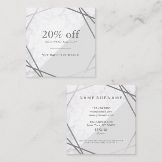 最小主義の幾何学的な大理石の灰色の銀製の割引 スクエア名刺 (正面/裏面)