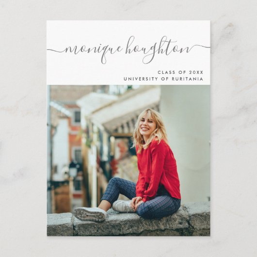 最小主義の手書きの一流の写真の卒業パーティー インビテーションポストカード (正面)