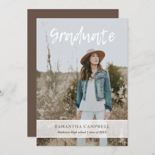 最小主義の手書きの原稿の写真の卒業 案内状 (正面/裏面)