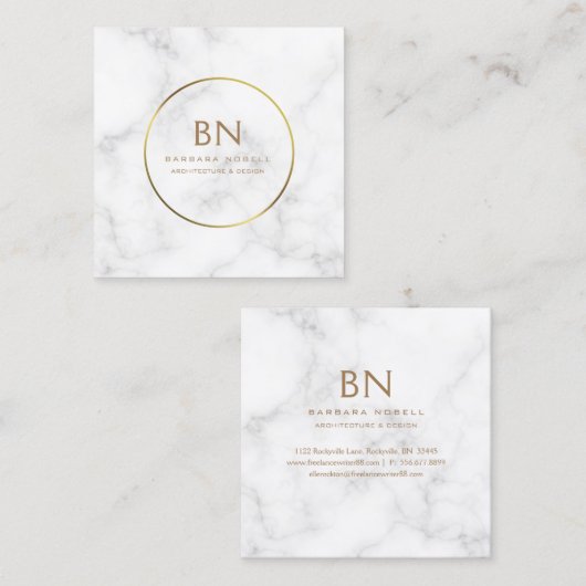 最小主義の白い大理石の円の金ゴールドのモノグラム スクエア名刺 (正面/裏面)
