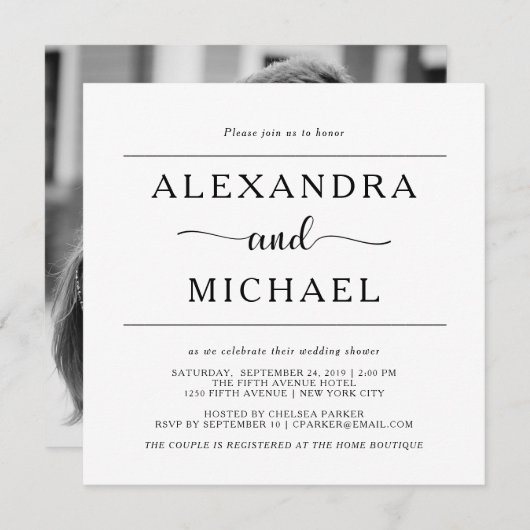 最小主義の白黒写真のカップルのシャワー 招待状 (正面/裏面)