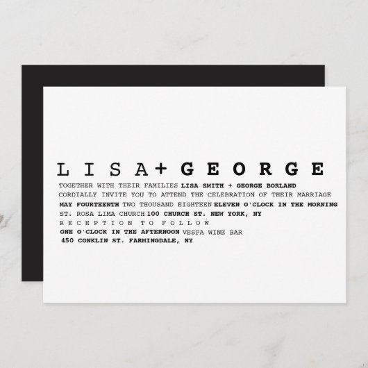 最小主義の白黒結婚式招待状 招待状 (正面/裏面)