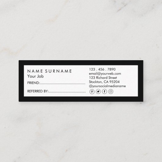 最小主義の社会的な媒体の豪華なBlack&Whiteの紹介 スキニー名刺 (裏面)