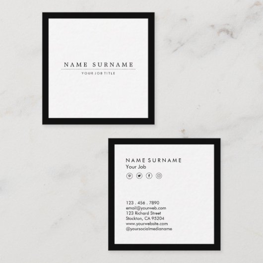 最小主義の社会的な媒体豪華な黒い及び白 スクエア名刺 (正面/裏面)