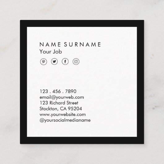 最小主義の社会的な媒体豪華な黒い及び白 スクエア名刺 (裏面)
