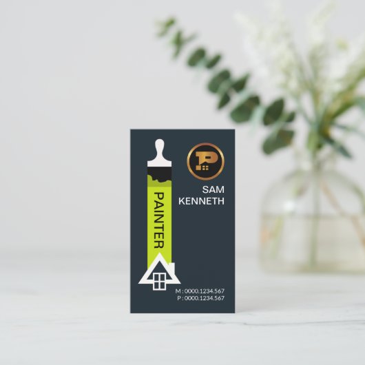 最小主義の緑の絵筆の白い家の絵画 名刺 (スタンド正面)