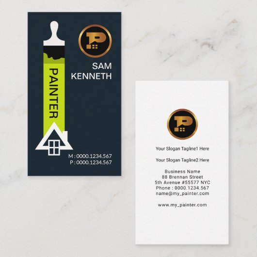 最小主義の緑の絵筆の白い家の絵画 名刺 (正面/裏面)