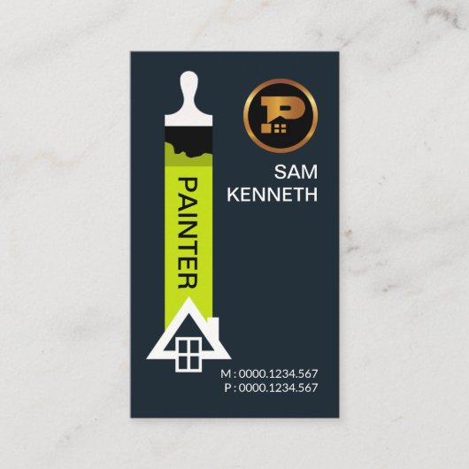 最小主義の緑の絵筆の白い家の絵画 名刺 (正面)