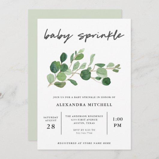 最小主義の緑の草木|のベビーは振りかけます 招待状 (正面/裏面)