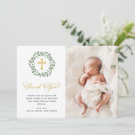 最小主義の群葉|の写真の洗礼および金ゴールドの十字 サンキューカード (スタンド正面)