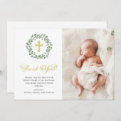 最小主義の群葉|の写真の洗礼および金ゴールドの十字 サンキューカード (正面/裏面)