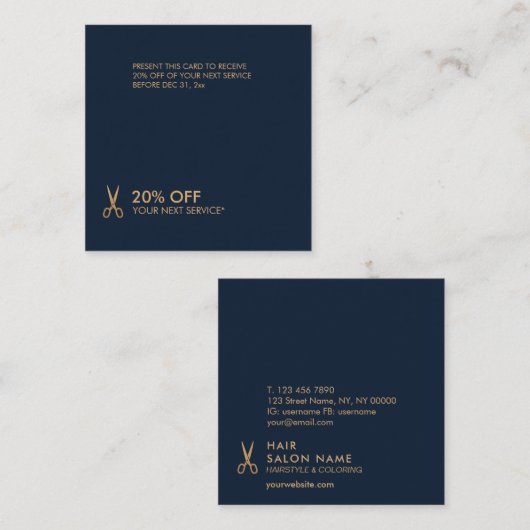 最小主義の金ゴールドのはさみの美容師の割引 スクエア名刺 (正面/裏面)