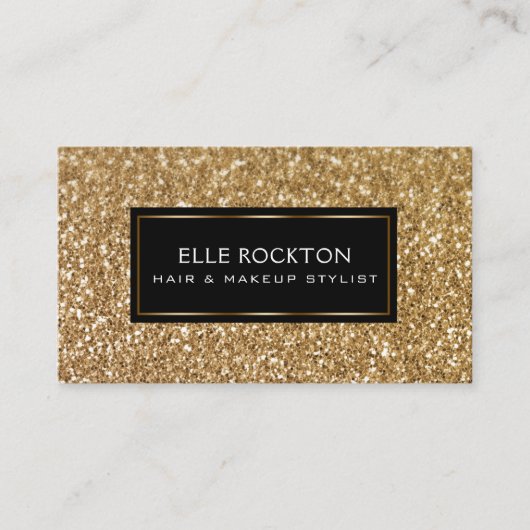 最小主義の金ゴールドのグリッターの《写真》ぼけ味ライトフレームの黒 名刺 (正面)