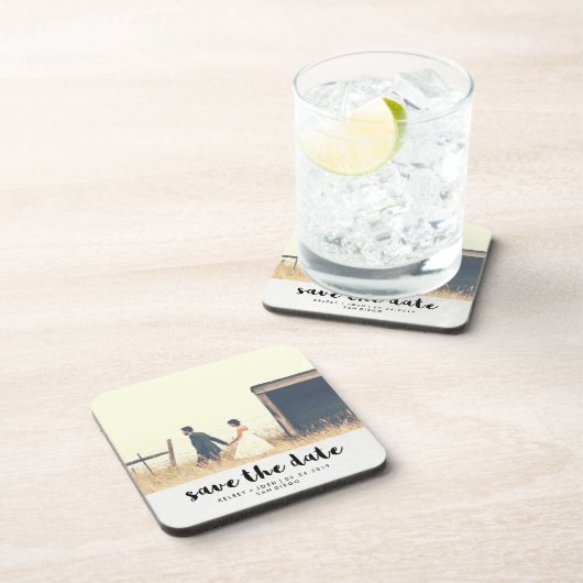 最小主義の黒いタイポグラフィの写真の保存日付 コースター (右側)