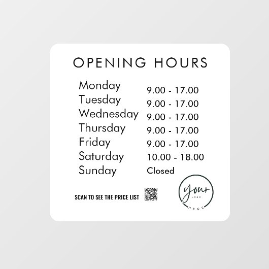 最小営業時間 透明ウィンドウクリング ウィンドウサイン (シート)