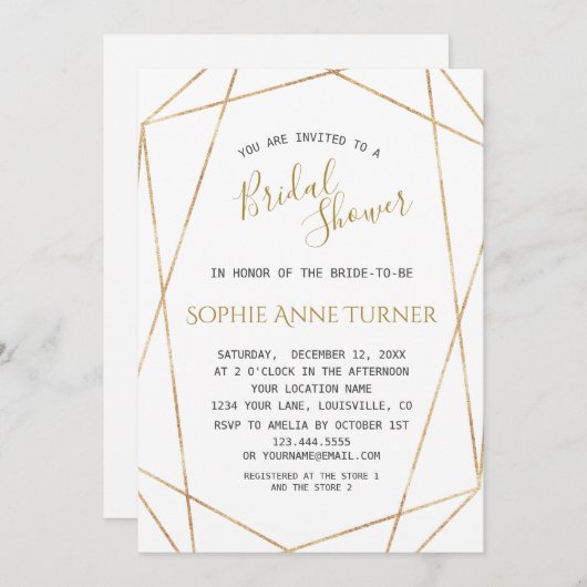 最小幾何学模様金ゴールド線ブライダルシャワー 招待状 (正面/裏面)