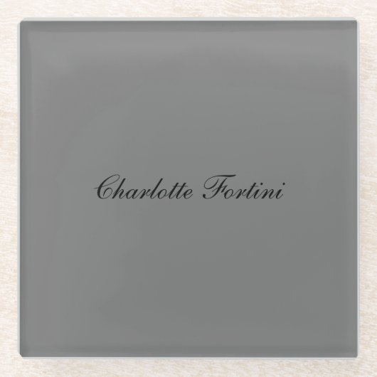 最小限のクラシカル手書きスクリプト名グレー ガラスコースター (正面)