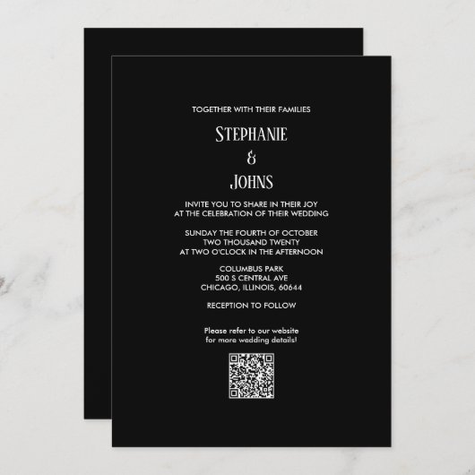 最小限のQRコード白黒ス結婚クリプト 招待状 (正面/裏面)
